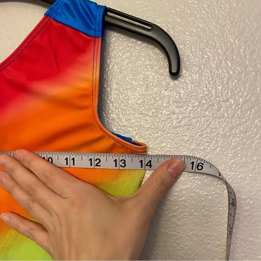 GK elite gymnastics practice leotard blue orange ombre rainbow adult AS